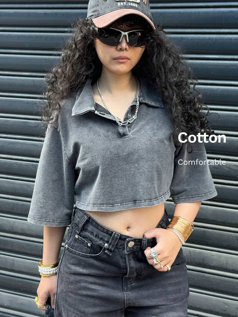 Coolane 女士夏季街头风格演唱会外出短款 Polo 衫 - 黑色 - 查看 1