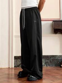 SWAVVY Men's Fashion Casual Black Essential Solid Color, Letter Embroidery Loose Straight Leg Sweatpants, For Daily Wear - Black - View 1