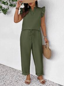 SHEIN Frenchy Plus Size 2pcs/Set Sleeveless Top & Long Pants, Solid Color,Summer Outfits For Women - Army Green - View 3