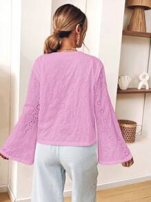 SHEIN VCAY 休闲纯色编织长袖前系带宽松女式衬衫 - 粉色 - 查看 2