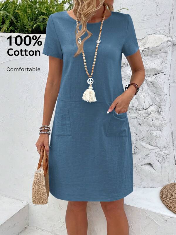 EMERY ROSE Women's Solid Color Short Sleeve Casual Dress, Summer