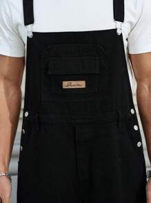 Manfinity Homme Men's Plus Size Black Denim Overalls: Sleeveless Strap Neckline Long Jumpsuit With Pockets - Black - View 3