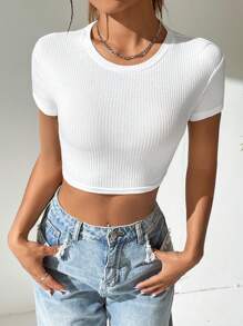 SHEIN EZwear Camiseta crop unicolor tejido de canalé - Blanco - Ver 3