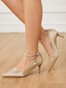 CUCCOO HITCHD Zomer Nieuwe Damesschoenen Parel & Strass Hanger Ketting Enkelbandje Puntige Teen Stiletto Kitten Heels, Elegante Intellectuele Klassieke Romantische Glamour Elegante Champagne Gouden Satijnen Bruidsjurk Bruiloft Feestjurk Pumps