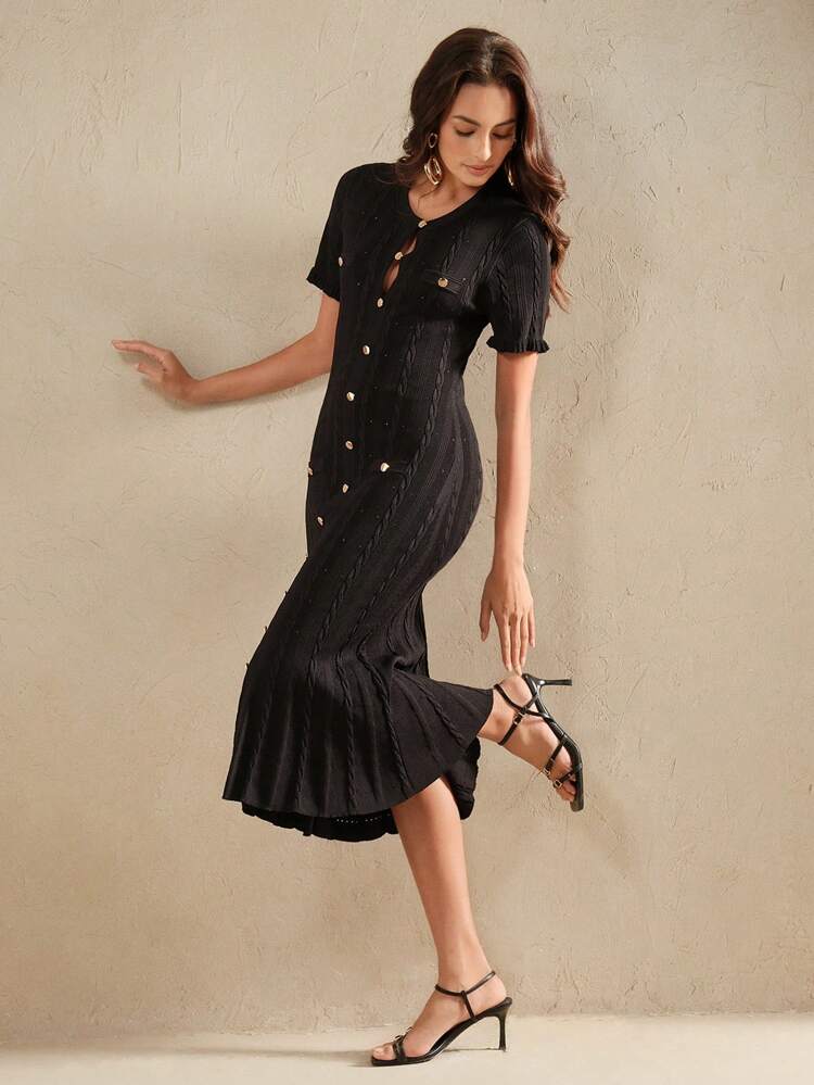 Elegant Solid Color Knitted Heavy-Weight Perforated Twist Rope Aran Cable Knit Long Sleeve Frill Trim Button-Up A-Line Dress, Suitable For Autumn, Winter, Formal, Party, Elegant, Leisure, Work, Graduation, Wedding