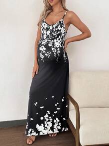 SHEIN 热带花卉印花性感吊带孕妇装 - 黑與白 - 查看 4