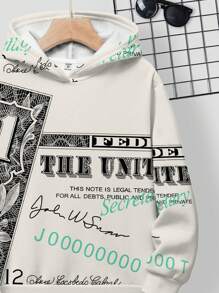 SHEIN Leap Crew 青少年男孩休闲宽松舒适经典酷炫嘻哈钞票图案印花长袖连帽衫运动衫，适合秋冬季