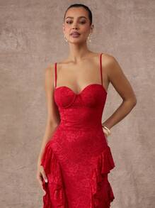 Silquee Váy hè thanh lịch chất lượng cao cấp cho quý cô, Váy hè thanh lịch, Nữ tính thanh lịch, Váy dây mảnh thêu ren jacquard màu đỏ cho quý cô, Váy tốt nghiệp cho quý cô - Đỏ - Xem 7