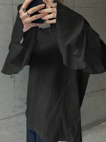 FRIFUL Áo thun nữ tay chuông màu trắng rộng rãi, trang phục xếp lớp cơ bản, trang phục mùa xuân, trang phục mùa thu, áo dài tay cho nữ - màu đen - Xem 2