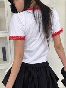 DAZY T-shirt à manches courtes pour femmes avec empiècement en dentelle et imprimé lettres, blanc, printemps/été, T-shirts graphiques