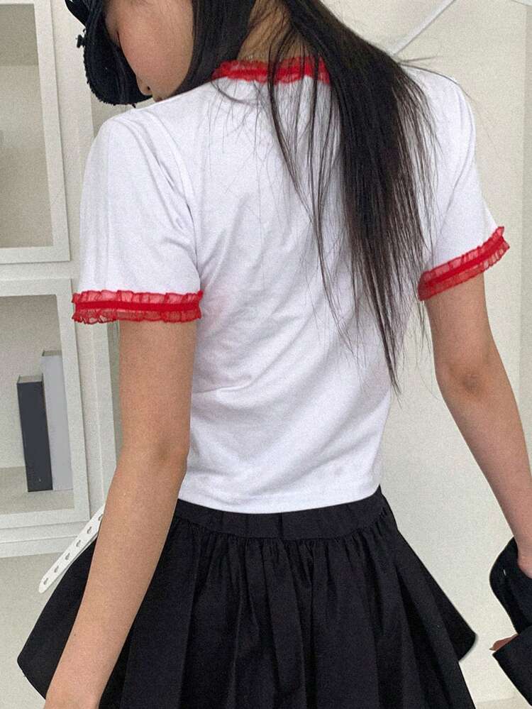 Women Lace Splice Letter Print Short Sleeve T-Shirt, White, Spring/Summer,Graphic Tees