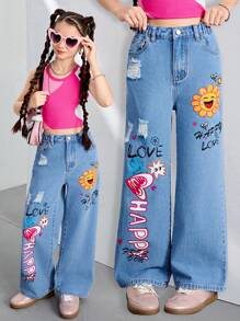 Tween Girl Bohemian Distressed Letter & Cartoon Print Straight Leg Jeans With Oblique Pockets, Summer Set - Light Wash - View 3
