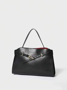 SHECARRY Women Simple Plain Metal Decor Tote Bag, Casual Everyday Use - Black - View 3