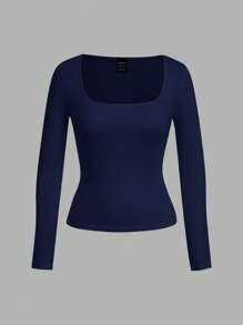 SHEIN EZwear 2 件女式方领修身长袖休闲 T 恤套装（深蓝色和浅蓝色），适合夏季 - 彩色 - 查看 7