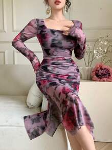 DAZY 女士修身方领植物印花沙滩连衣裙，扎染，高开衩长袖，度假装，秋季碎花长裙 - 中紫紅色 - 查看 2