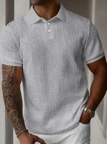 Manfinity Homme Plus Size Men's Casual Solid Color Textured Short Sleeve Polo Shirt, Summer - Light Grey - View 6