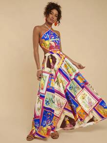 Travachic Women's Boho Maxi Dress: Sleeveless Halter Neck, Tropical Patchwork Print, Flared Woven Fabric, Knot Detail For Summer