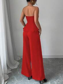 Elenzga Women's Contrast Color Bandeau Top With Ruffle Hem And Pants Fashionable 2 Pieces Set - Red - View 2