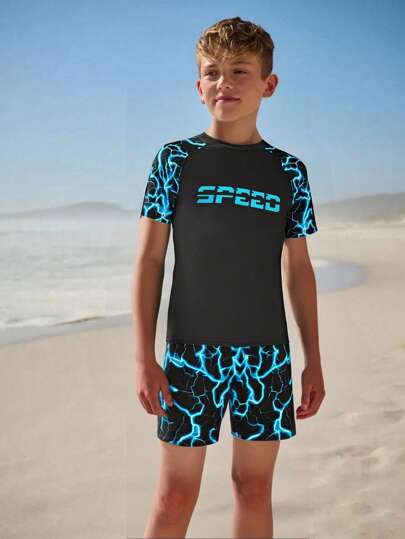 SHEIN 2pcs Tween Boy Resort Casual Lightning Bolt & Letter Print Long Sleeve T-Shirt And Tight Swim Shorts Swimsuit Set, Suitable For Summer Outdoor, Beach, Swimming