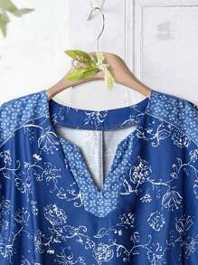 EMERY ROSE Plus Size Raglan Sleeves Combination Pattern Positioning Print Hem Split Design Notch V Neck Women's Tunic Shirt Country Casual Holiday Bohemian Suitable For Spring And Summer Loose Fit