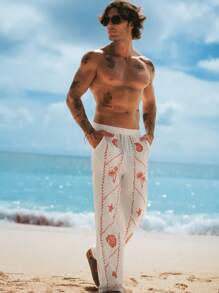 HIMLAND Men's Casual Woven Coconut Tree & Shell Print Vest & Pants 2 Pieces Set