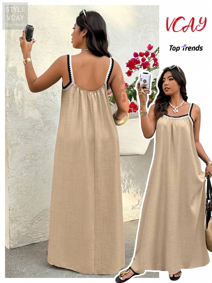 Breezaya Plus Size Vacation Style Spaghetti Strap Dress, Fashionable For Summer - Khaki - View 1