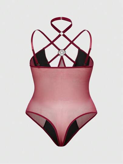 Grunge Punk Mono sexy de talla grande con parches de malla, piel sintética, estrella de cinco puntas y detalles metálicos en estilo punk rock oscuro para festivales y fiestas