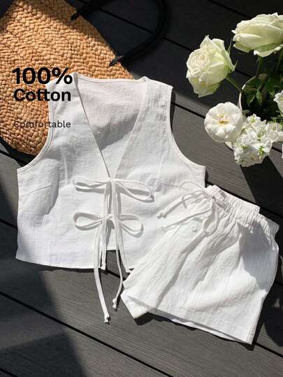 Comfortcana Conjunto de 2 piezas casual de verano para mujer, compuesto por top corto sin mangas con nudo delantero y shorts de unicolor