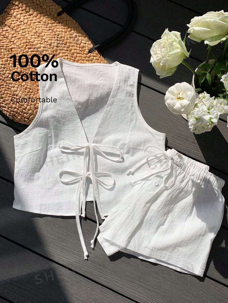 Comfortcana Conjunto de 2 piezas casual de verano para mujer, compuesto por top corto sin mangas con nudo delantero y shorts de unicolor