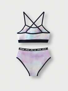 JNSQ Ensemble de maillot de bain pour préadolescentes avec patchwork tie-dye et couleurs contrastées