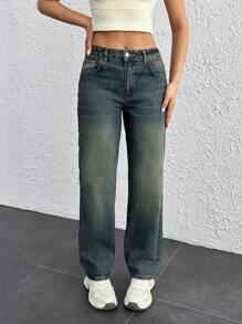 RueChic Vintage Wash Straight Leg Casual Jean Women S Outfits Work Outfits For Women Womens Womens Petite Women S Cargo Pants - Blue - View 4