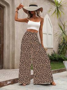 SHEIN LUNE Pantalones holgados de tiro alto y pierna ancha con estampado total para mujer - Albaricoque - Ver 3