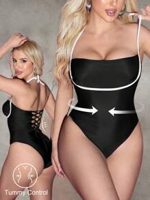 SHEIN Swim 1pc White Tummy Control One-Piece Swimsuit With Patchwork Design For Summer Beach Vacation - Brown - View 1