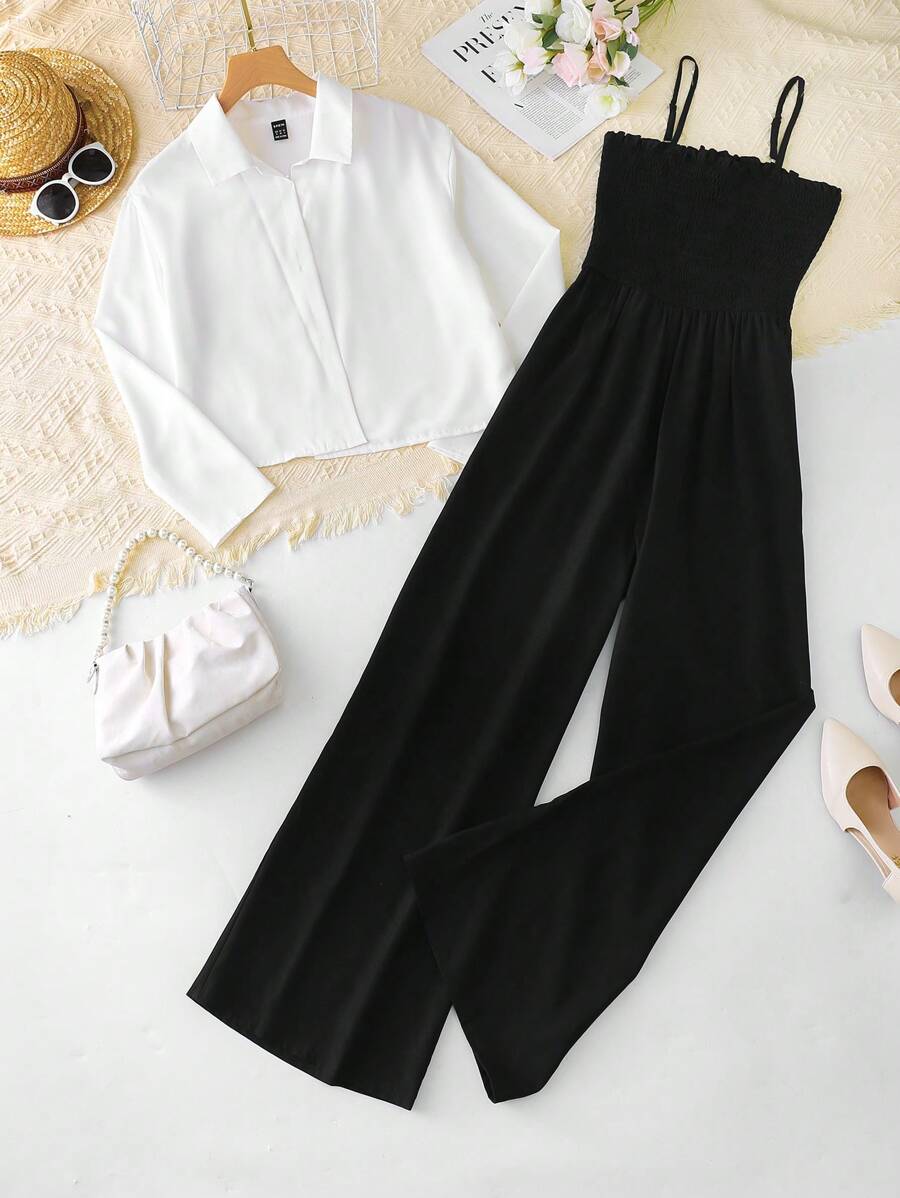 Franclia 2件套女士休闲白色衬衫和黑色连体裤套装 - 黑與白 - 查看 1