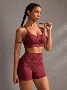 Powerista 女士简约时尚运动文胸和短裤套装，休闲日常健身女士套装 - 酒紅色 - 查看 8