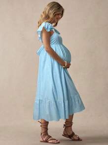 SHEIN 孕妇装圆点印花方领盖袖休闲度假连衣裙 - 藍色 - 查看 3