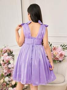 Tween 女童优雅紫色欧根纱无袖连衣裙，夏季 - 淡紫色 - 查看 2