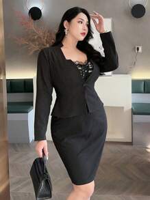 Dazy Plus 2pcs/Set Striped Long Sleeve Blazer Style Top And Short Pencil Skirt Commuter Work Outfit - Black - View 7