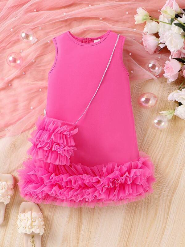 SHEIN Glamorique Kids Kleine Mädchen Süßes, elegantes, gespleißtes, ärmelloses Netzkleid mit dekorativer Umhängetasche zur Dekoration