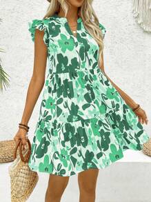 Breezaya Women's Floral Print V-Neck Cap Sleeve Casual Dress, Vacation Style