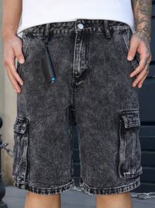 Manfinity Homme 男士深灰色酸洗牛仔百慕大短裤：前卫街头休闲风格，拉链细节