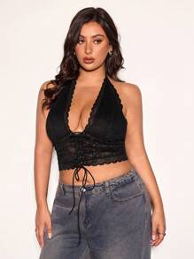 SHEIN BAE 大码女式优雅性感蕾丝拼布 V 领细肩带露背吊带背心，基本款弹力针织修身短款上衣，Y2K 风格，露背上衣，夏季上衣，大码上衣，Y2k 上衣，可爱夏季上衣，露背上衣，性感上衣，沙滩上衣，曲线加大上衣，V 领上衣，乐队 T 恤，女式街头服饰，黑色紧身胸衣，沙滩女装，毕业 - 黑色 - 查看 8