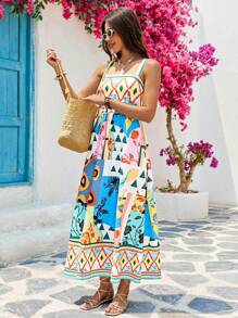 Vivid Eden Women's Boho Midi Dress: Sleeveless Spaghetti Strap Woven Fabric Dress With Ruffle Hem And Multicolor Print,Vacation Style - Multicolor - View 5