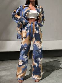 SHEIN Conjunto de 2 piezas con camisa de manga larga y pantalones con estampado floral y botón con piedra para damas