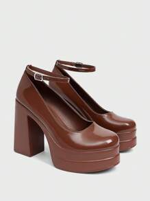 CUCCOO SZL Tacones de plataforma con tobillera, tacón grueso de color marrón, zapatos de moda casuales para ir al trabajo, citas, fiestas, vacaciones, bodas