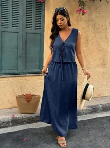 Breezaya Plus Size Women's Casual Solid Color Tie Halter Crop Top And Skirt Set