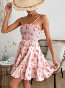 Breezaya Ditsy Floral Printed Ruffle Hem Cami Dress With Smocking Details Vacation Beach Outfits Women - Multicolor - View 5