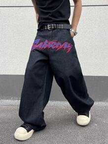 Manfinity EMRG Men's Letter Print Front Pocket Loose Denim Overalls Wide Leg Long Pants - Black - View 4