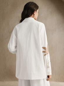 Anewsta 女士白色长袖翻领花卉刺绣长袖衬衫，沙滩度假装 - 白色 - 查看 4