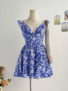 Soleia Allover Floral Print Ruffle Trim Romper - Blue and White - View 2